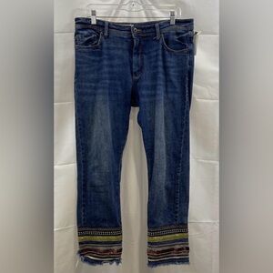 Anthropologie Dark Blue Ankle Jeans with Embellished Fringed Hem